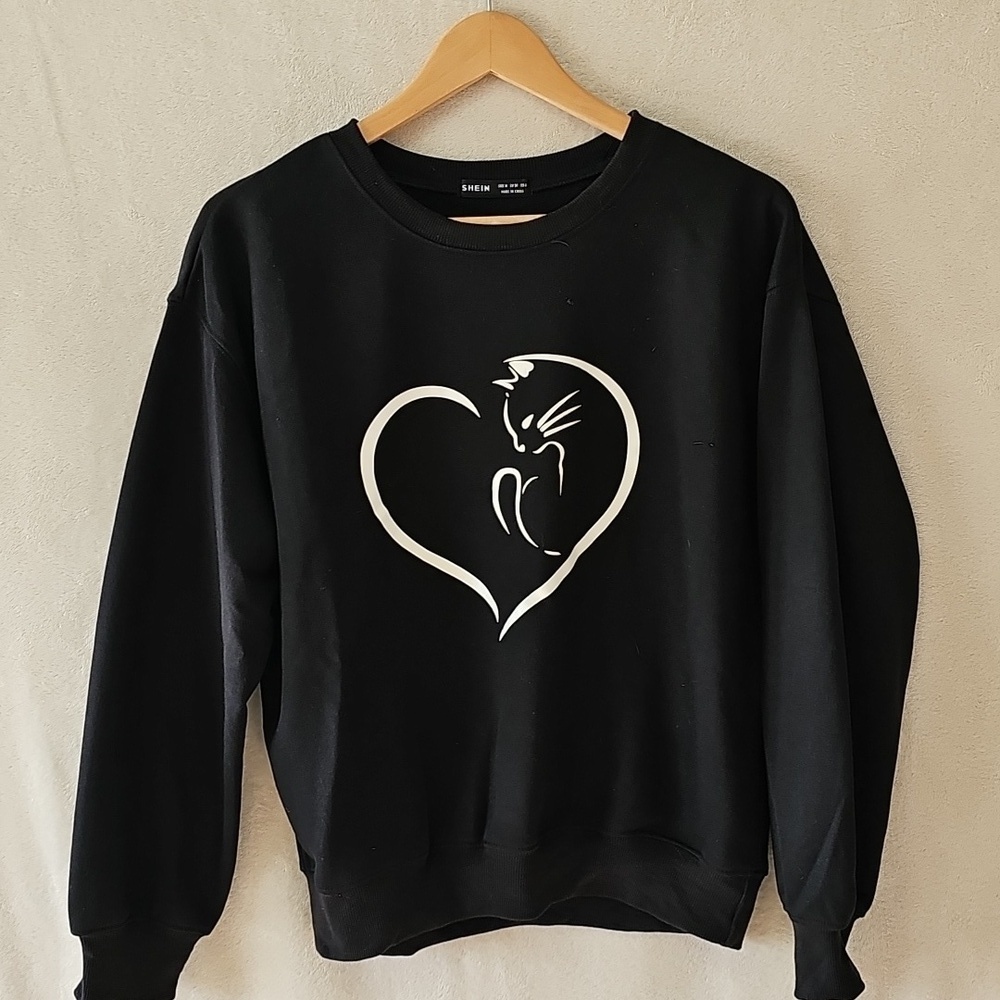 Cat Lover Black & White Kitty Heart Lightweight Sweatshirt‎ M